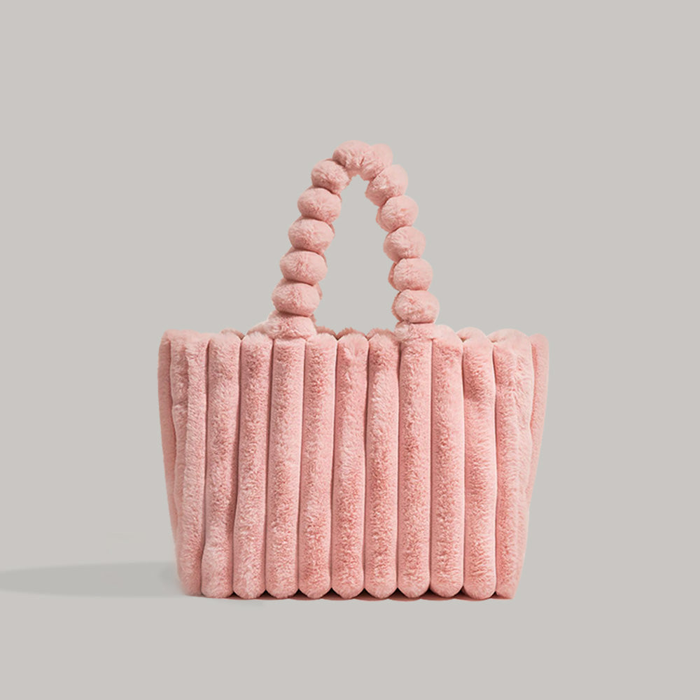 Faux Fur Pom Pom Shoulder Tote Bag