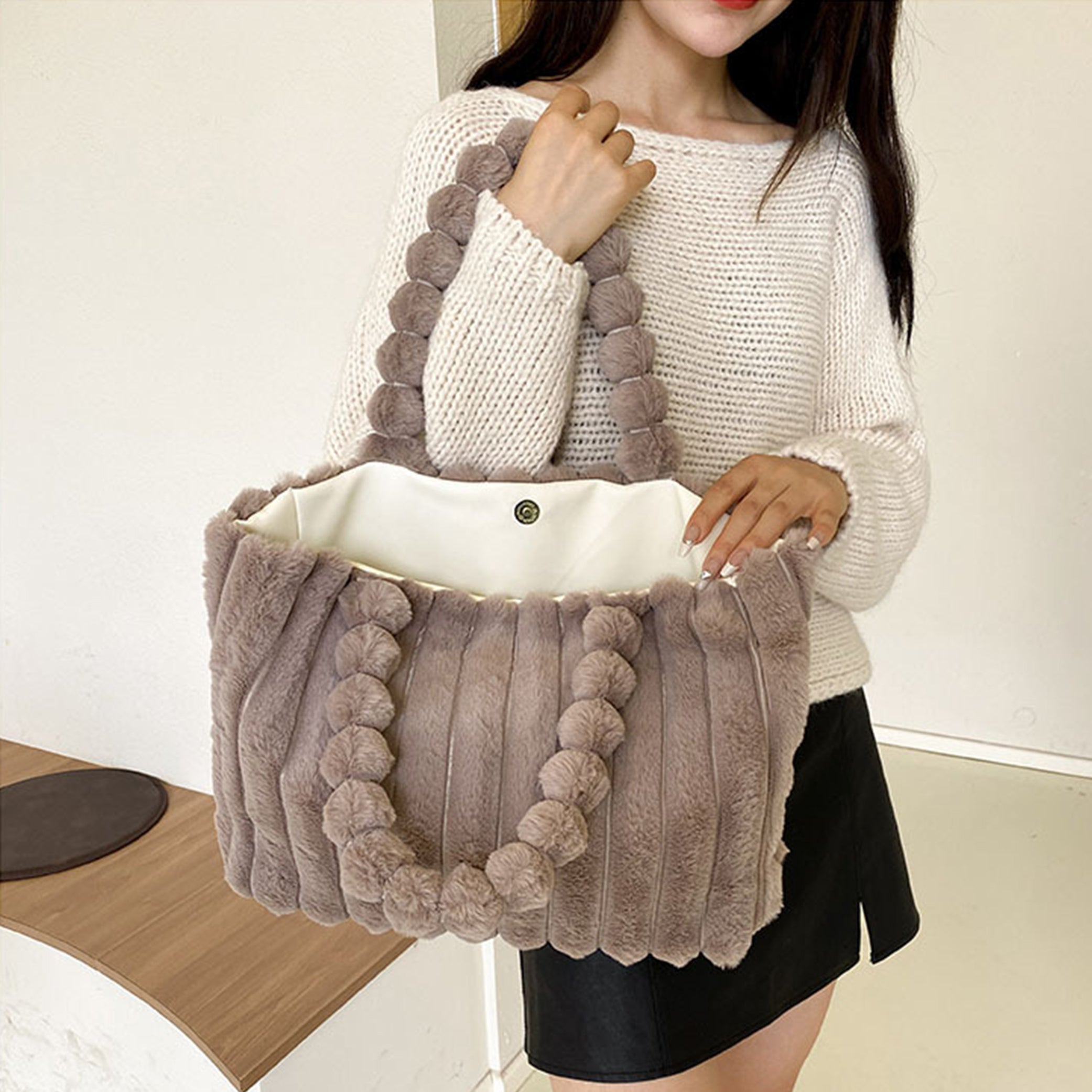 Faux Fur Pom Pom Shoulder Tote Bag