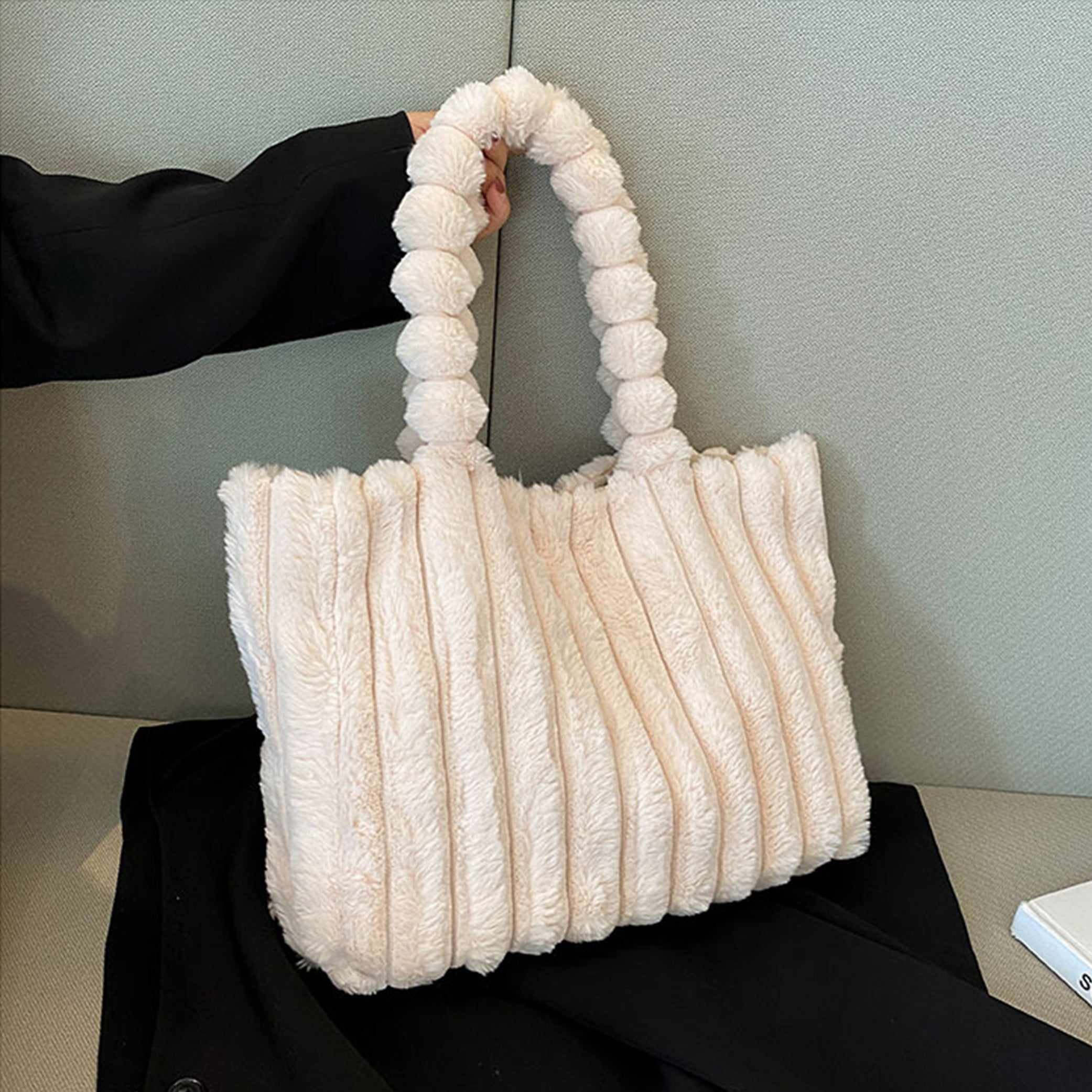 Faux Fur Pom Pom Shoulder Tote Bag