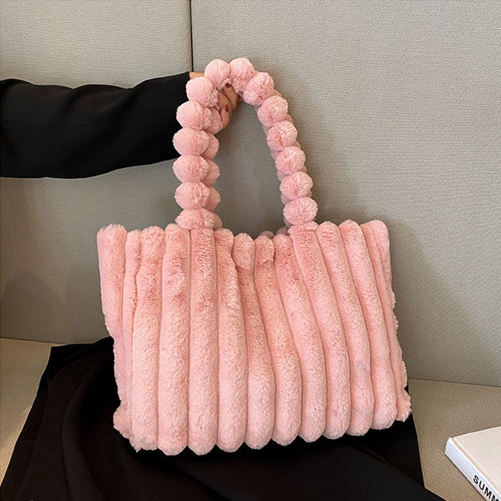 Faux Fur Pom Pom Shoulder Tote Bag