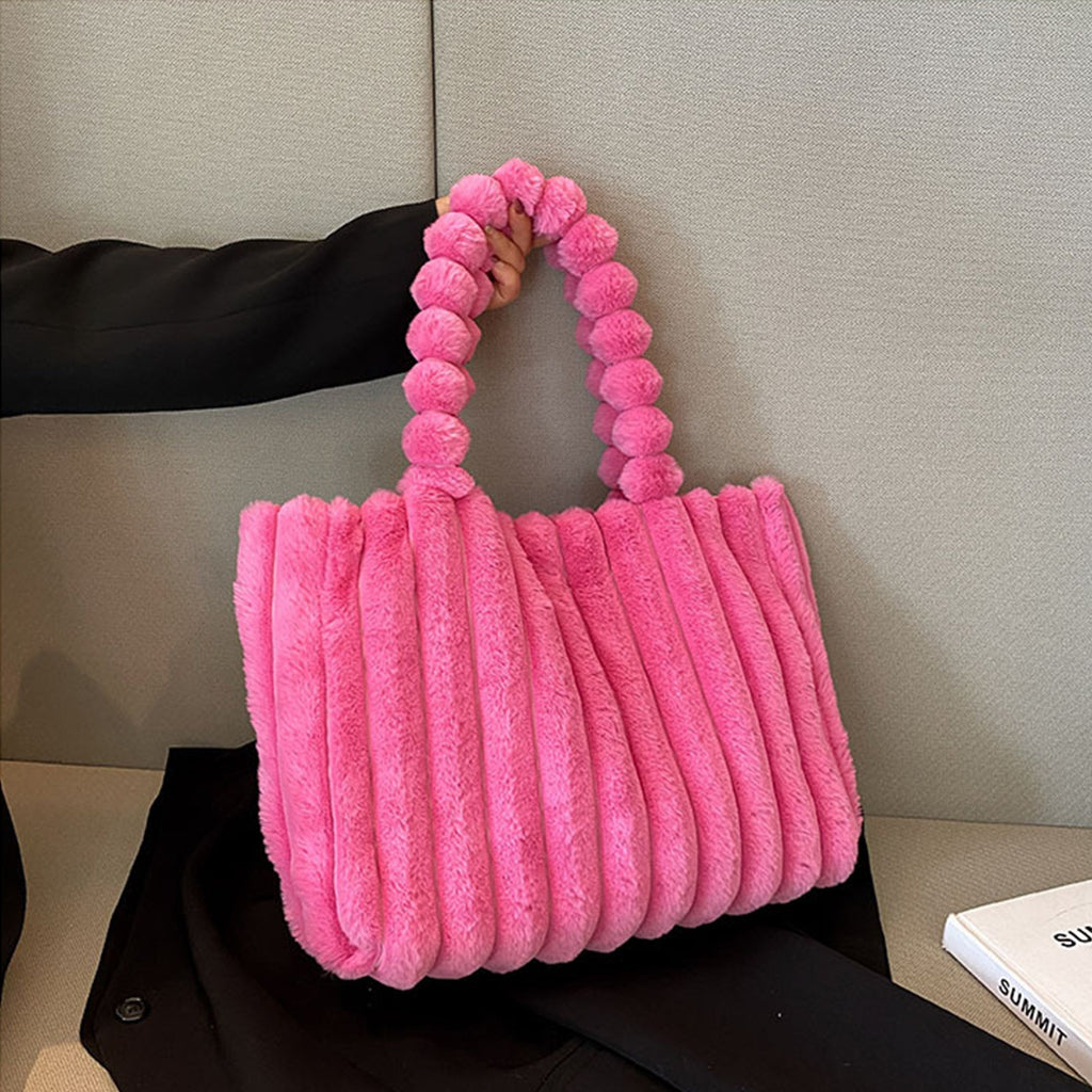 Faux Fur Pom Pom Shoulder Tote Bag