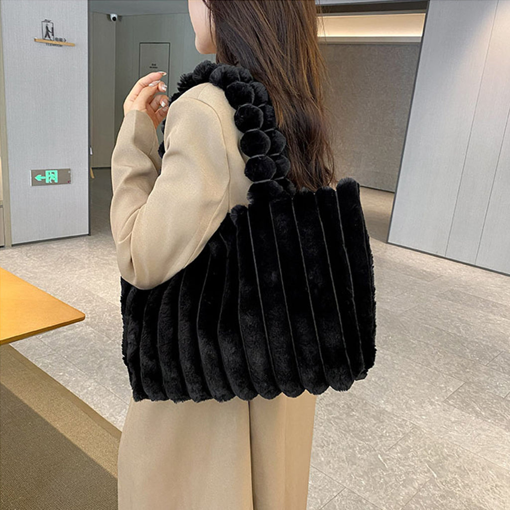 Faux Fur Pom Pom Shoulder Tote Bag