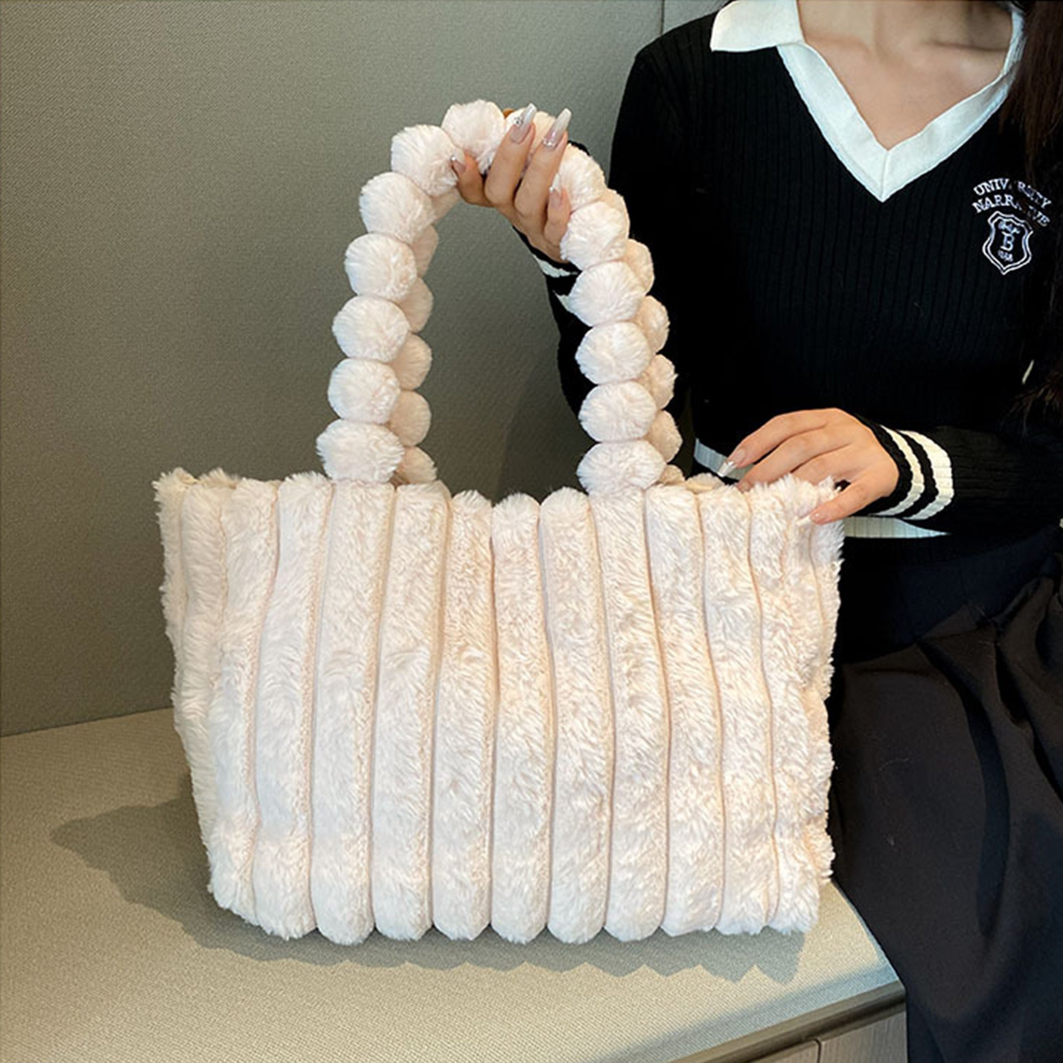 Faux Fur Pom Pom Shoulder Tote Bag