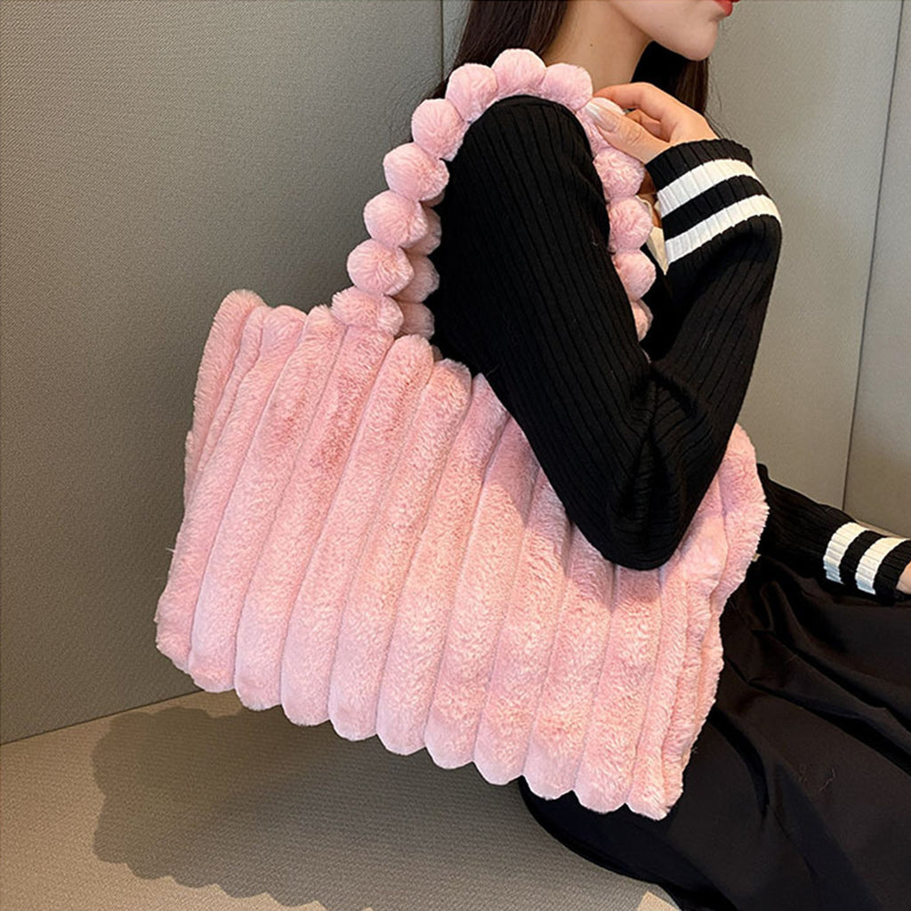 Faux Fur Pom Pom Shoulder Tote Bag