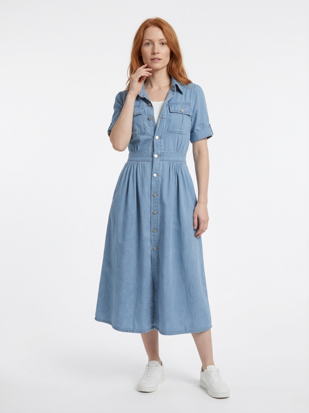 Midi Button Front Denim Dress