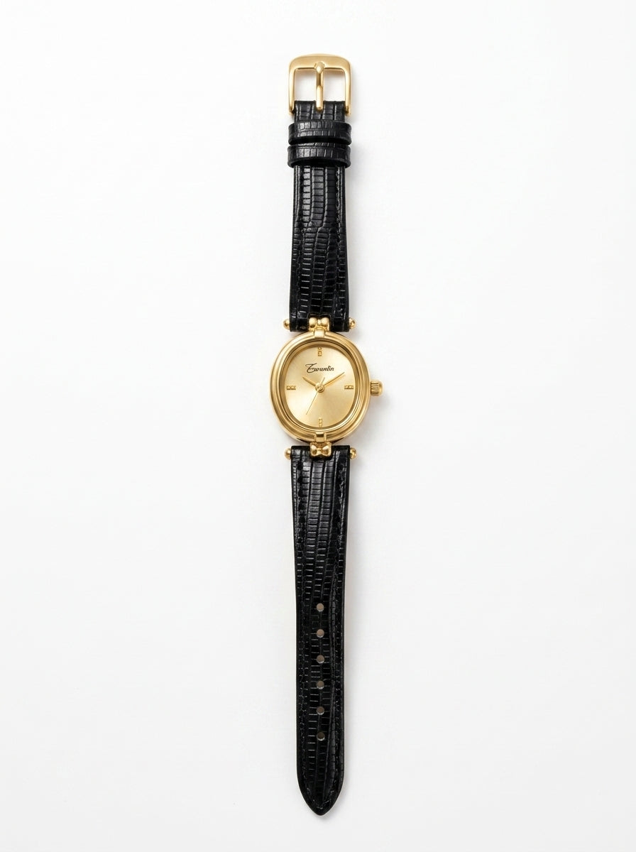 Black Strap Gold Oval Watch