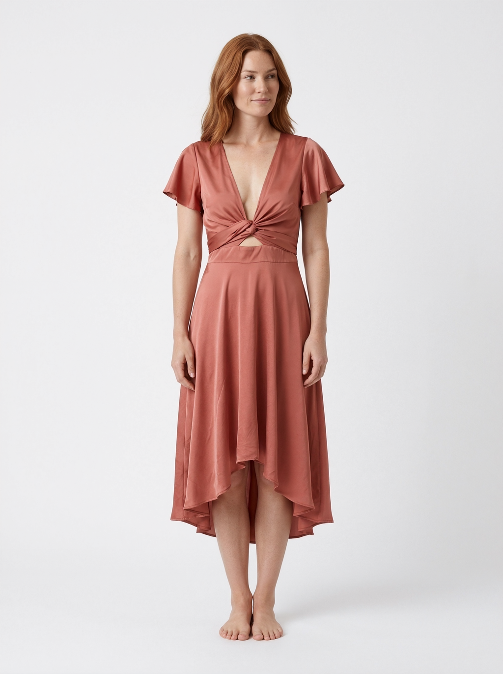 Flutter Sleeve Knot Front Midi Dress