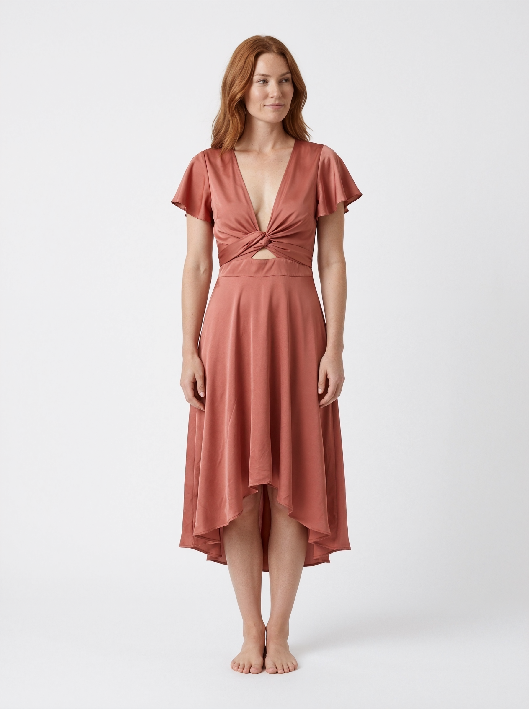 Flutter Sleeve Knot Front Midi Dress