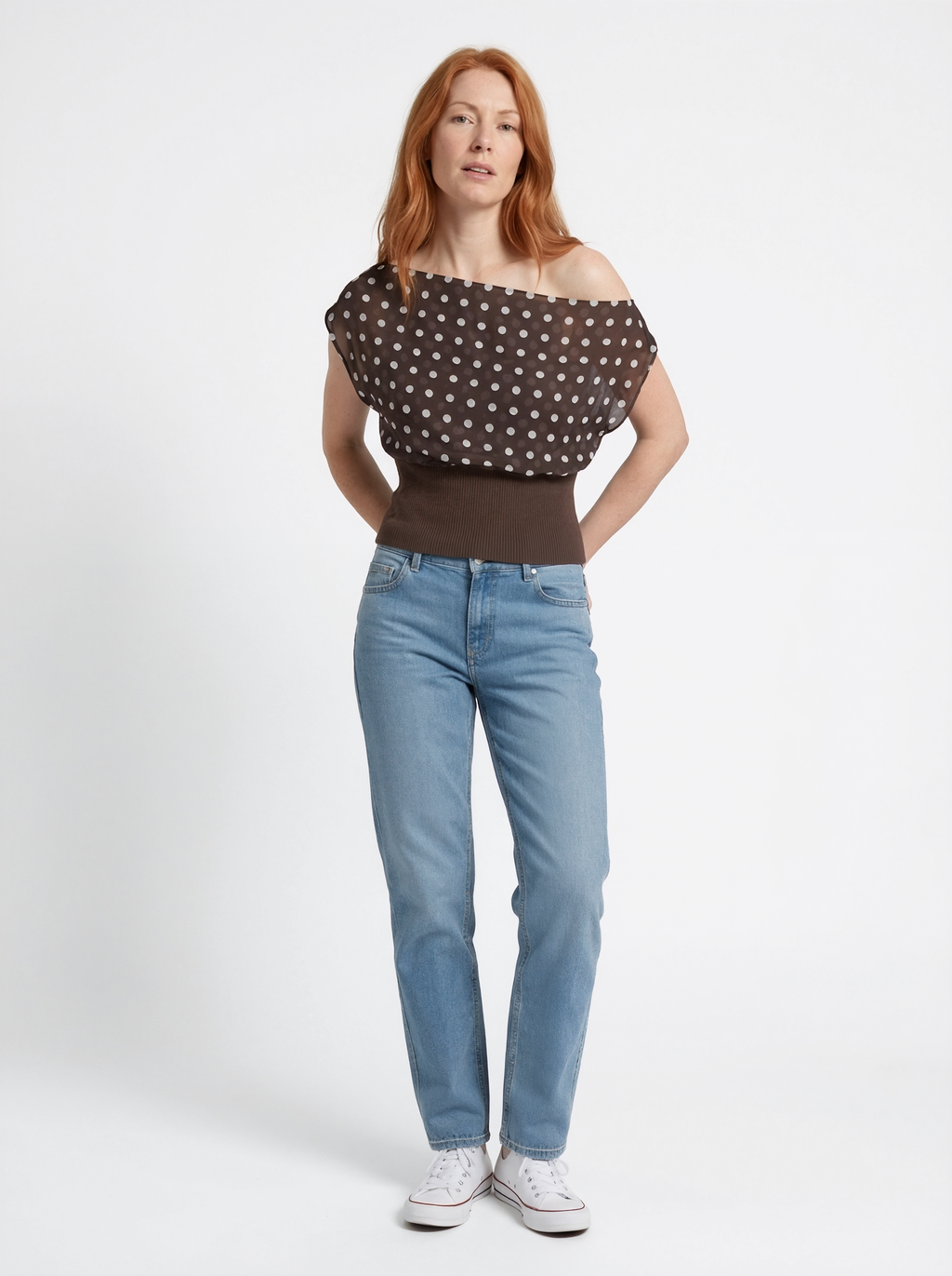 Draped Polka Dot Off Shoulder Top