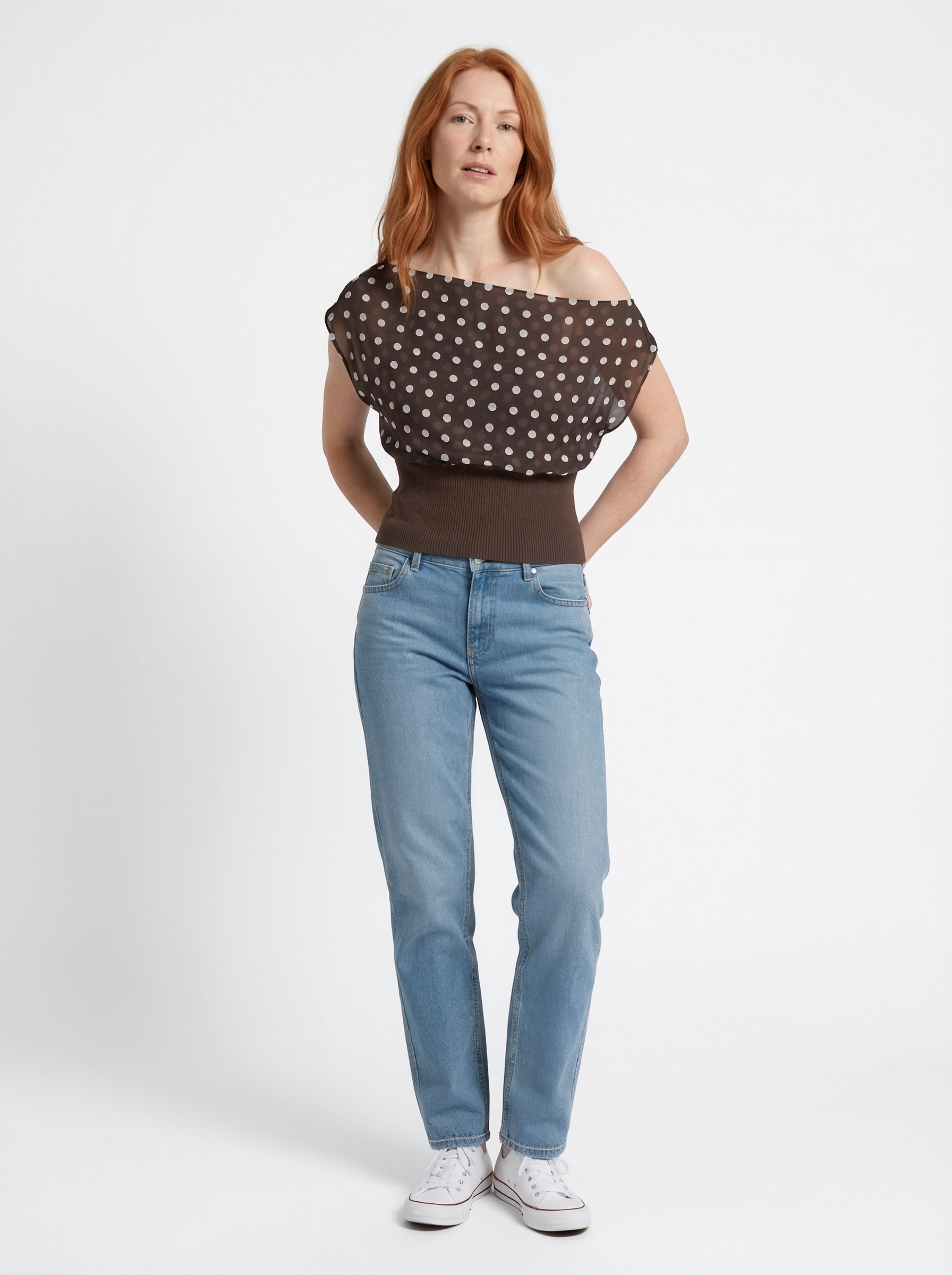 Draped Polka Dot Off Shoulder Top