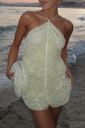 Beaded Halter Mini Dress