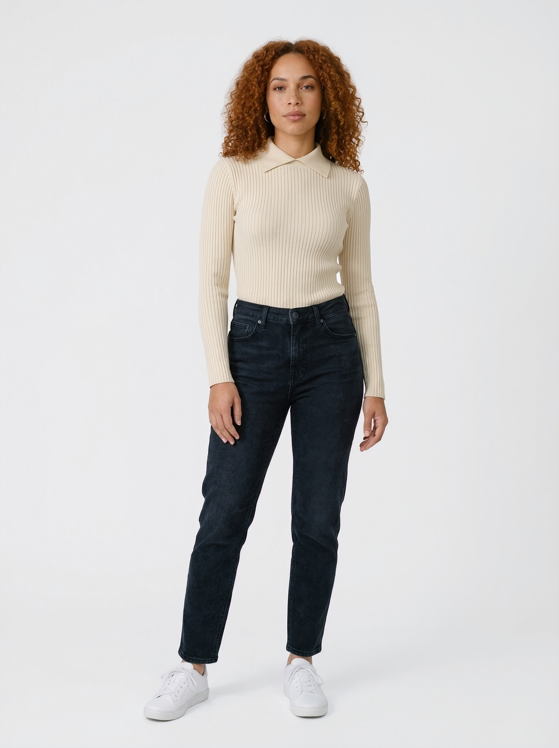 Ribbed Long Sleeve Polo Top