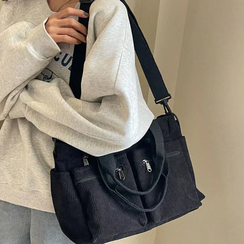 Corduroy Multi-Pocket Shoulder Crossbody Bag