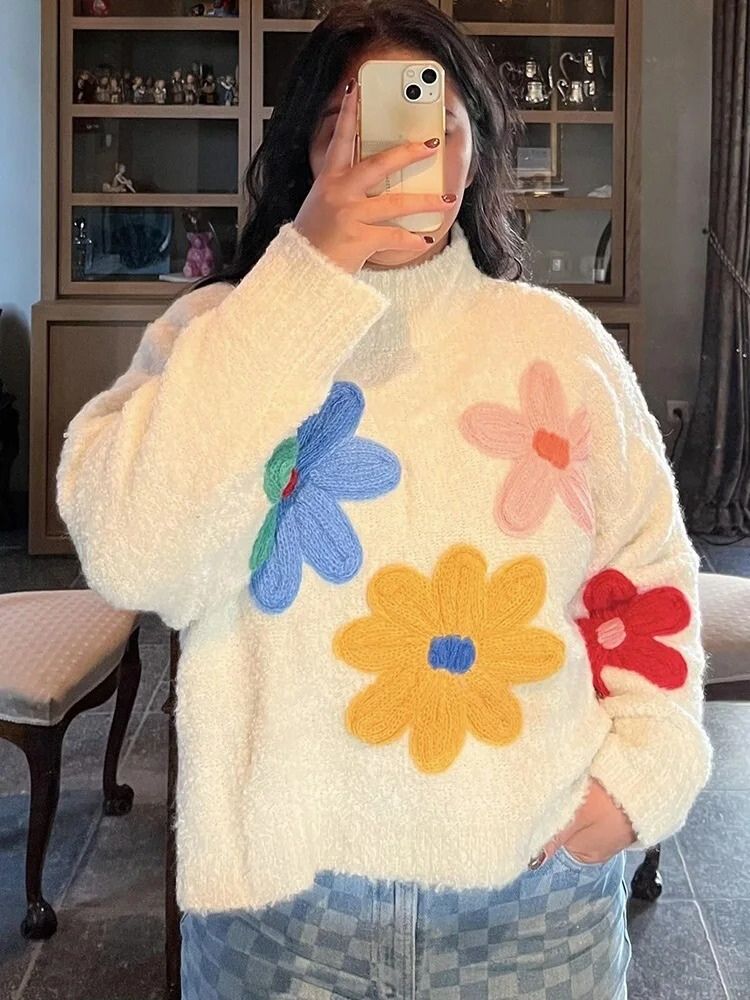 Relaxed Fit Floral Knit Sweater