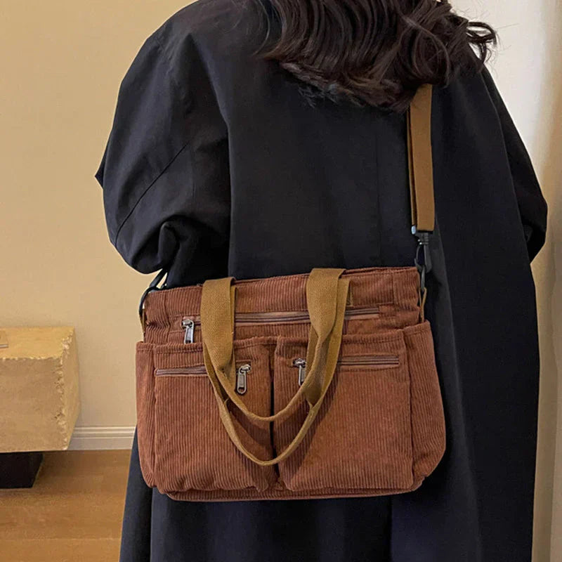 Corduroy Multi-Pocket Shoulder Crossbody Bag
