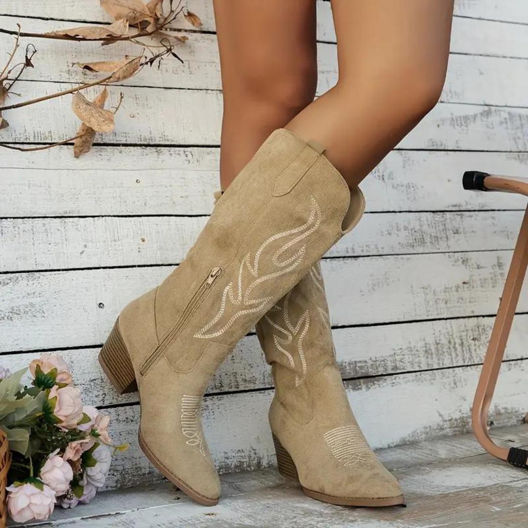 Embroidered Chunky Heel Cowboy Boots