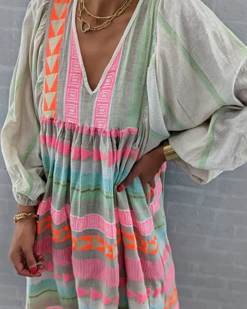 Boho Print Long Sleeve Midi Dress