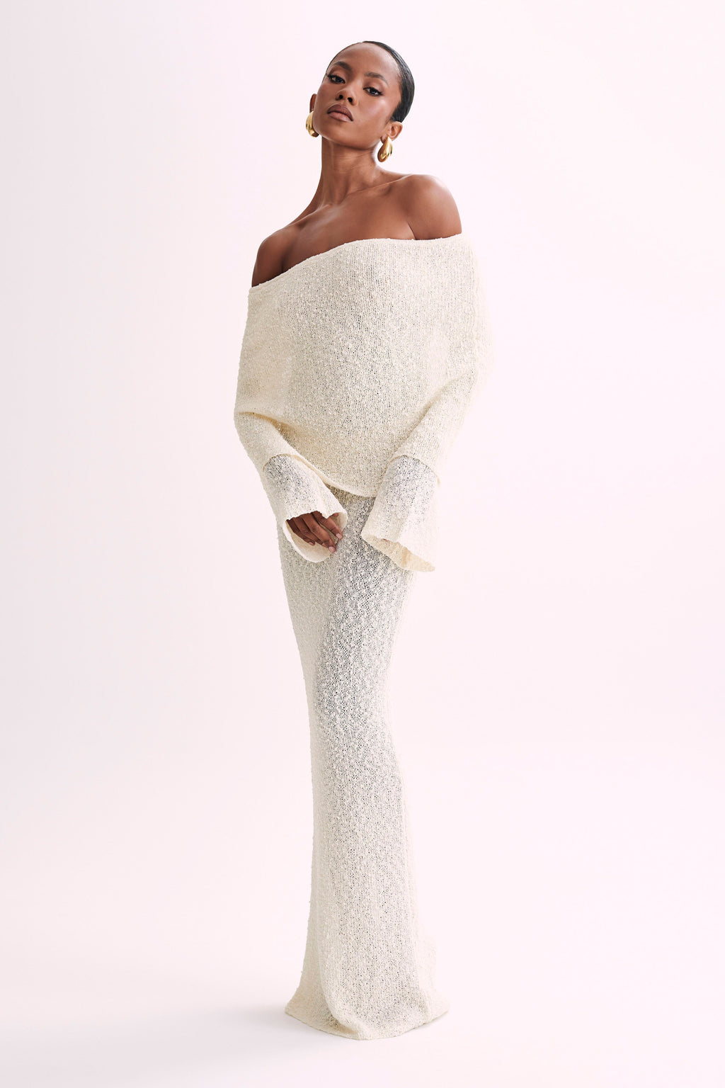 Bouclé Off Shoulder Maxi Dress