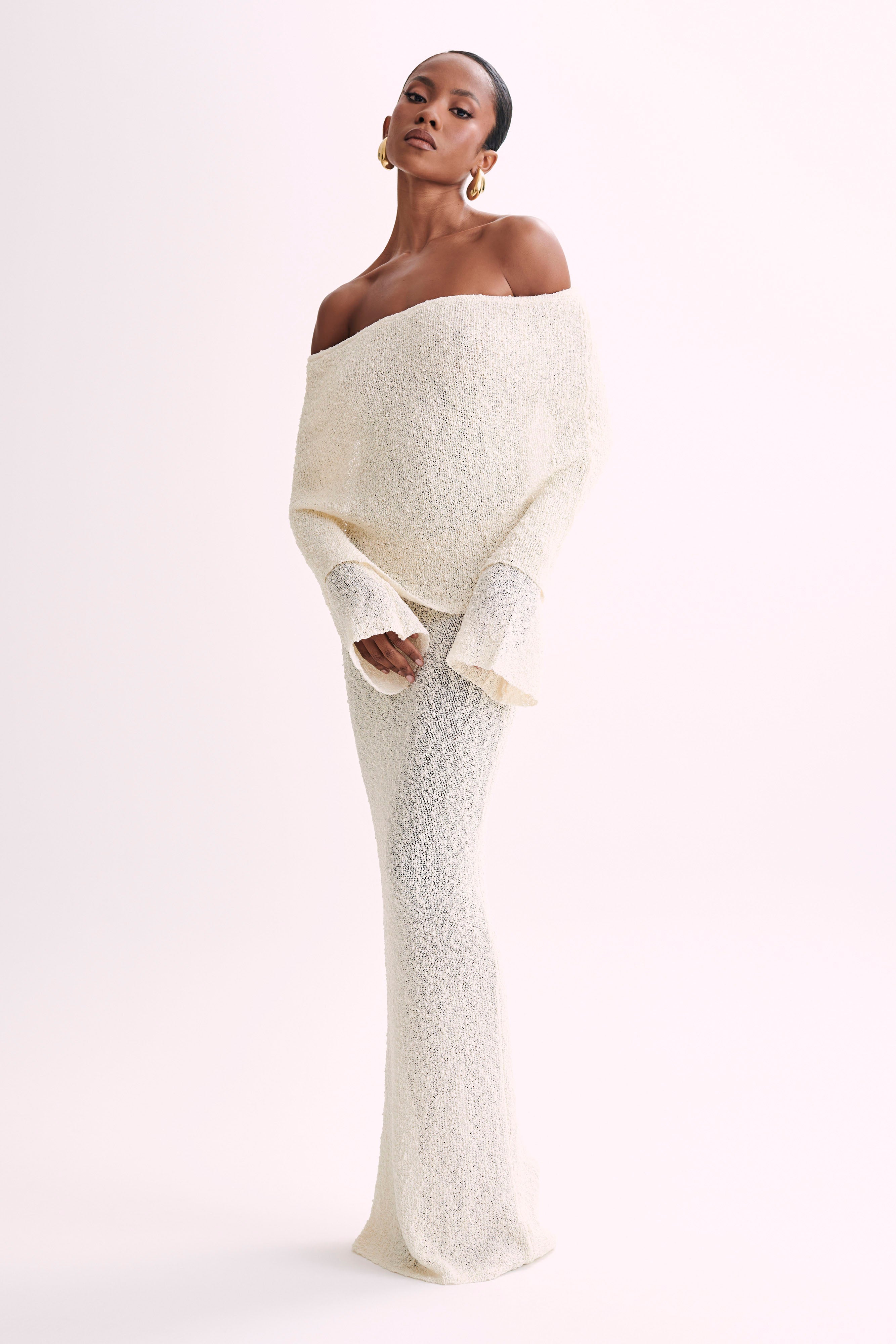 Bouclé Off Shoulder Maxi Dress