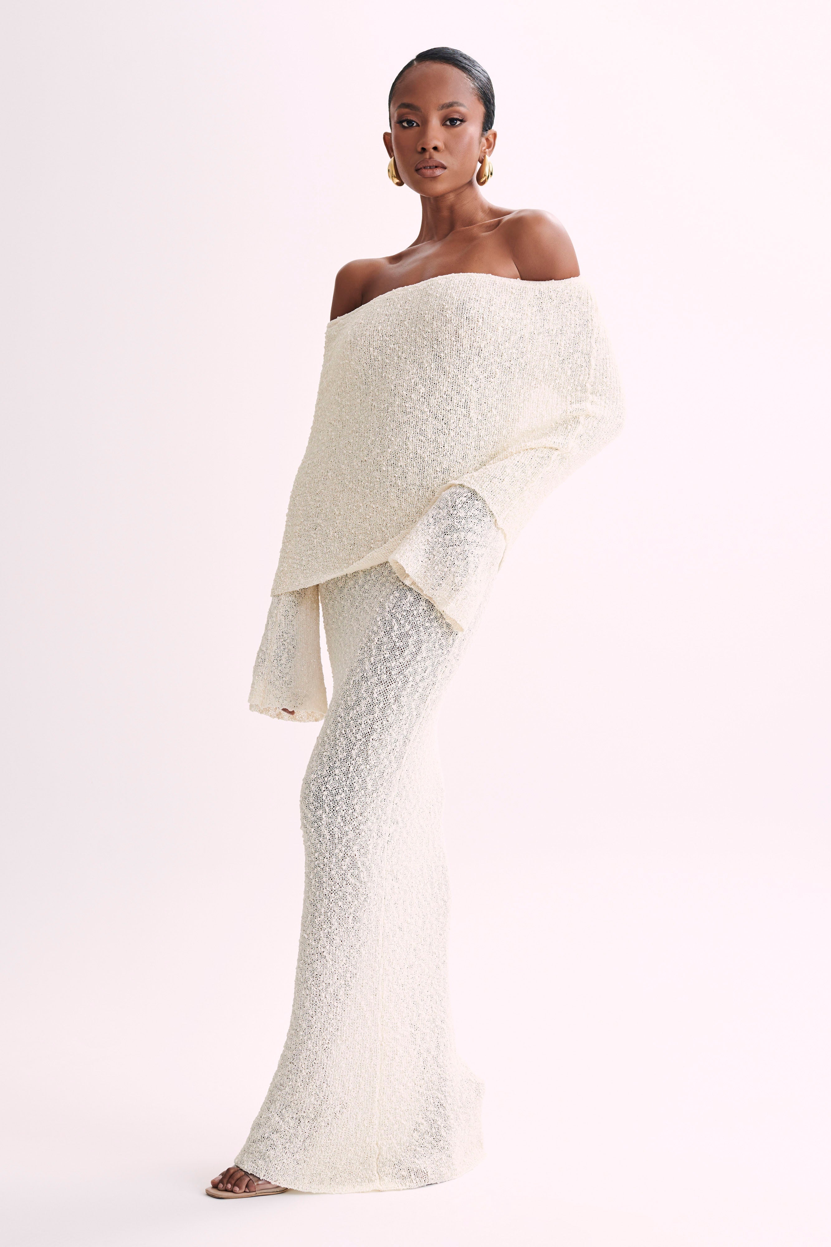 Bouclé Off Shoulder Maxi Dress