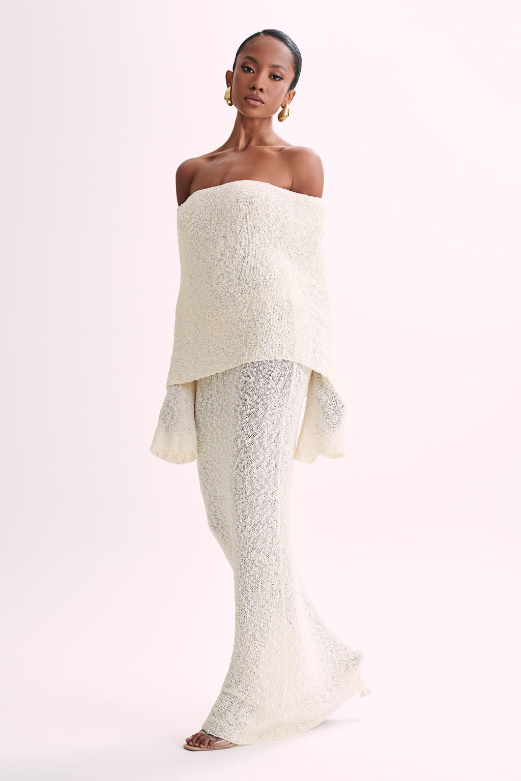 Bouclé Off Shoulder Maxi Dress