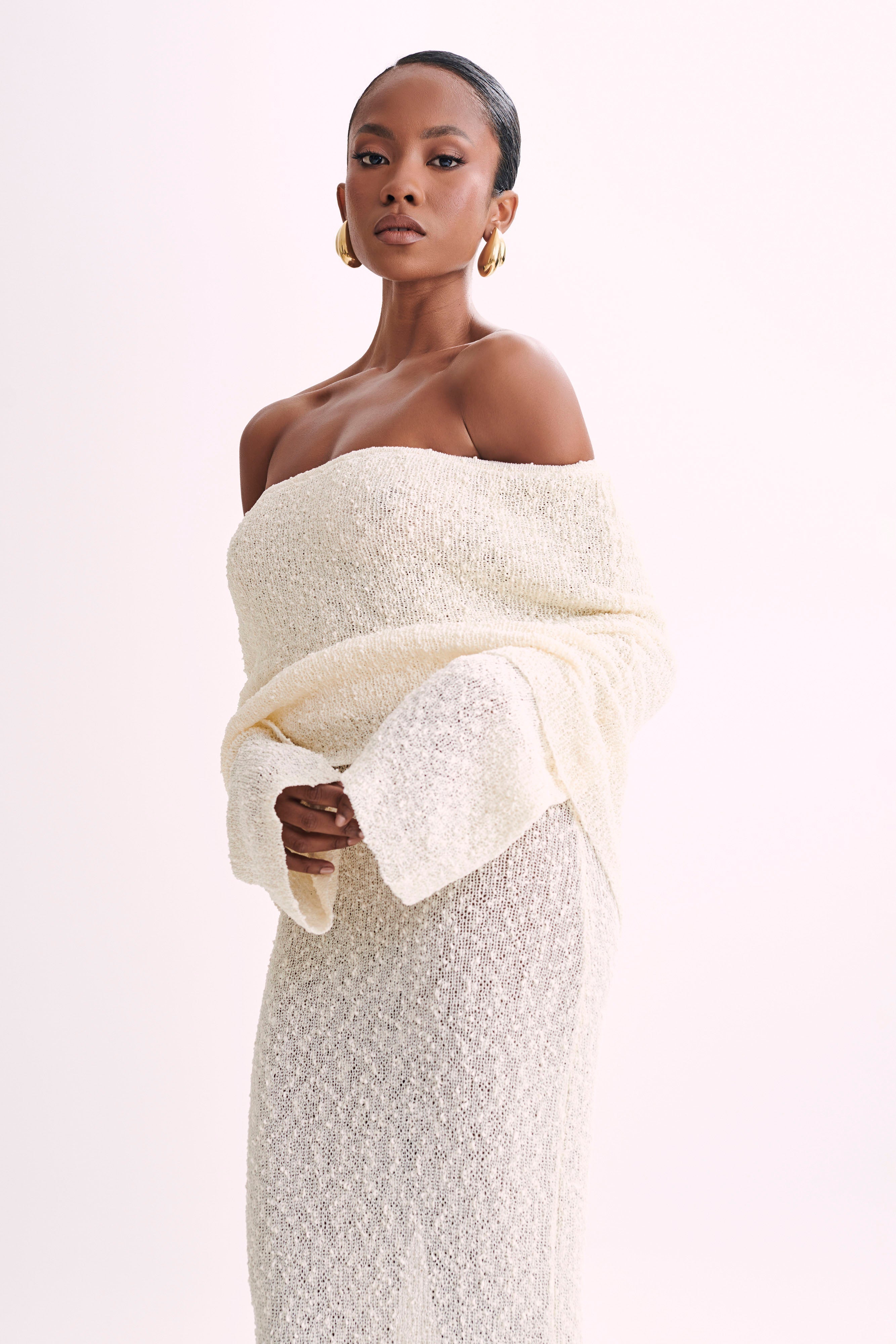 Bouclé Off Shoulder Maxi Dress