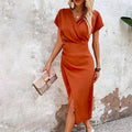 Casual Rust Wrap Midi Dress