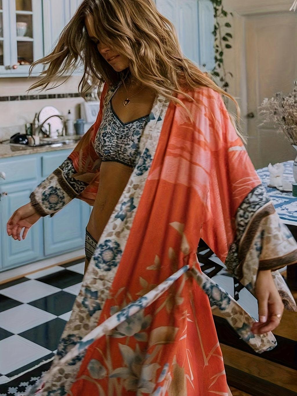 Floral Long Sleeve Maxi Kimono