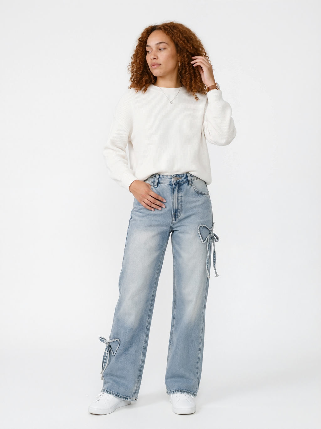 Light Wash Bow Detail Straight Leg Jeans