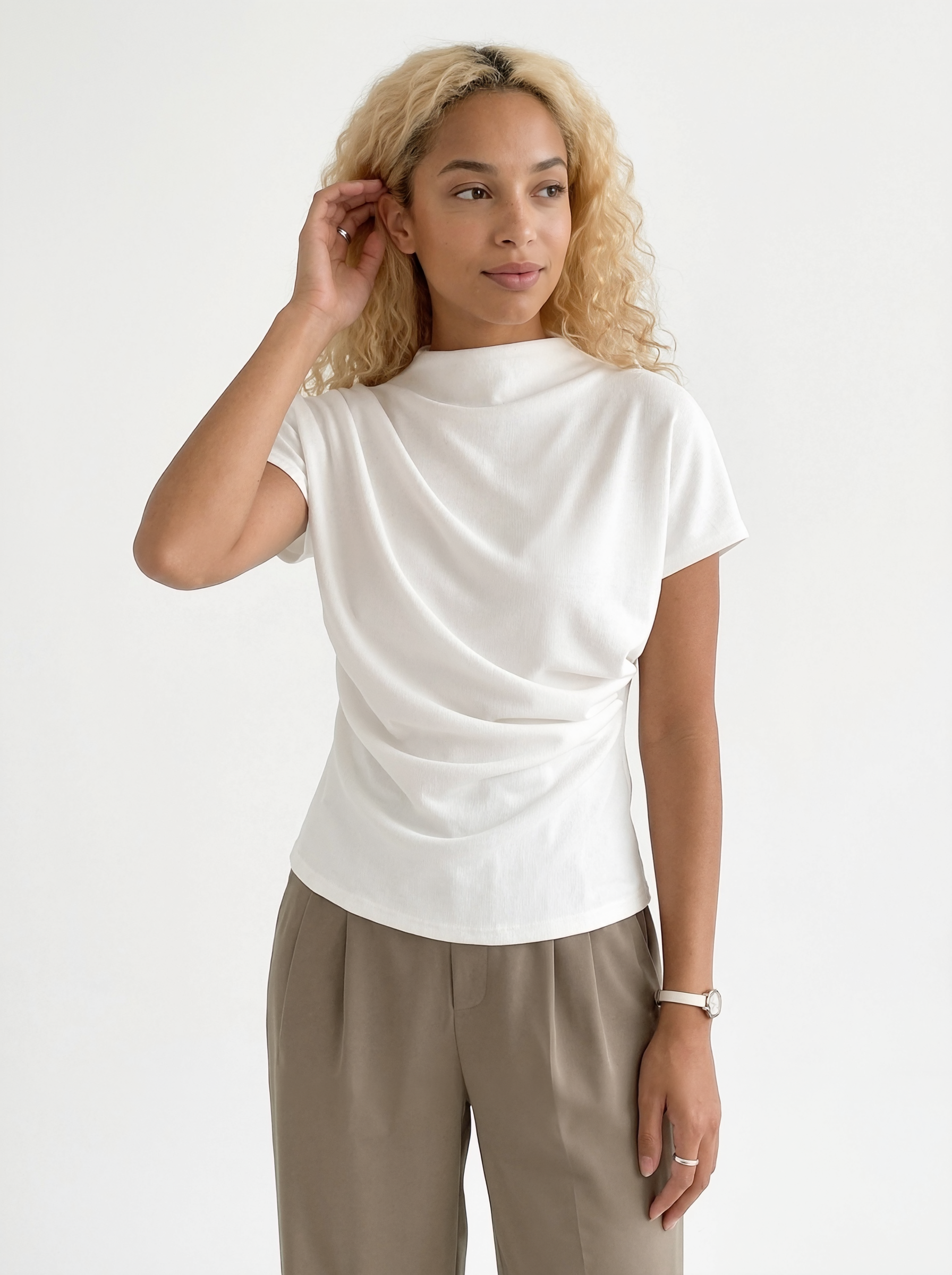 Short Sleeve Ruched Mock Neck Top