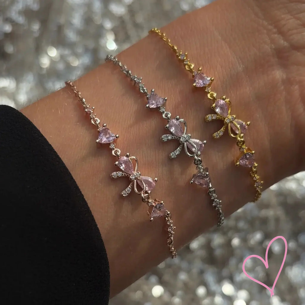 Sparkling Pink Heart Bow Bracelet