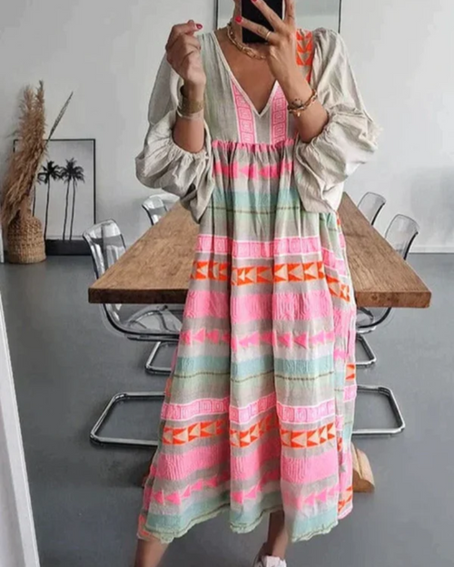 Boho Print Long Sleeve Midi Dress