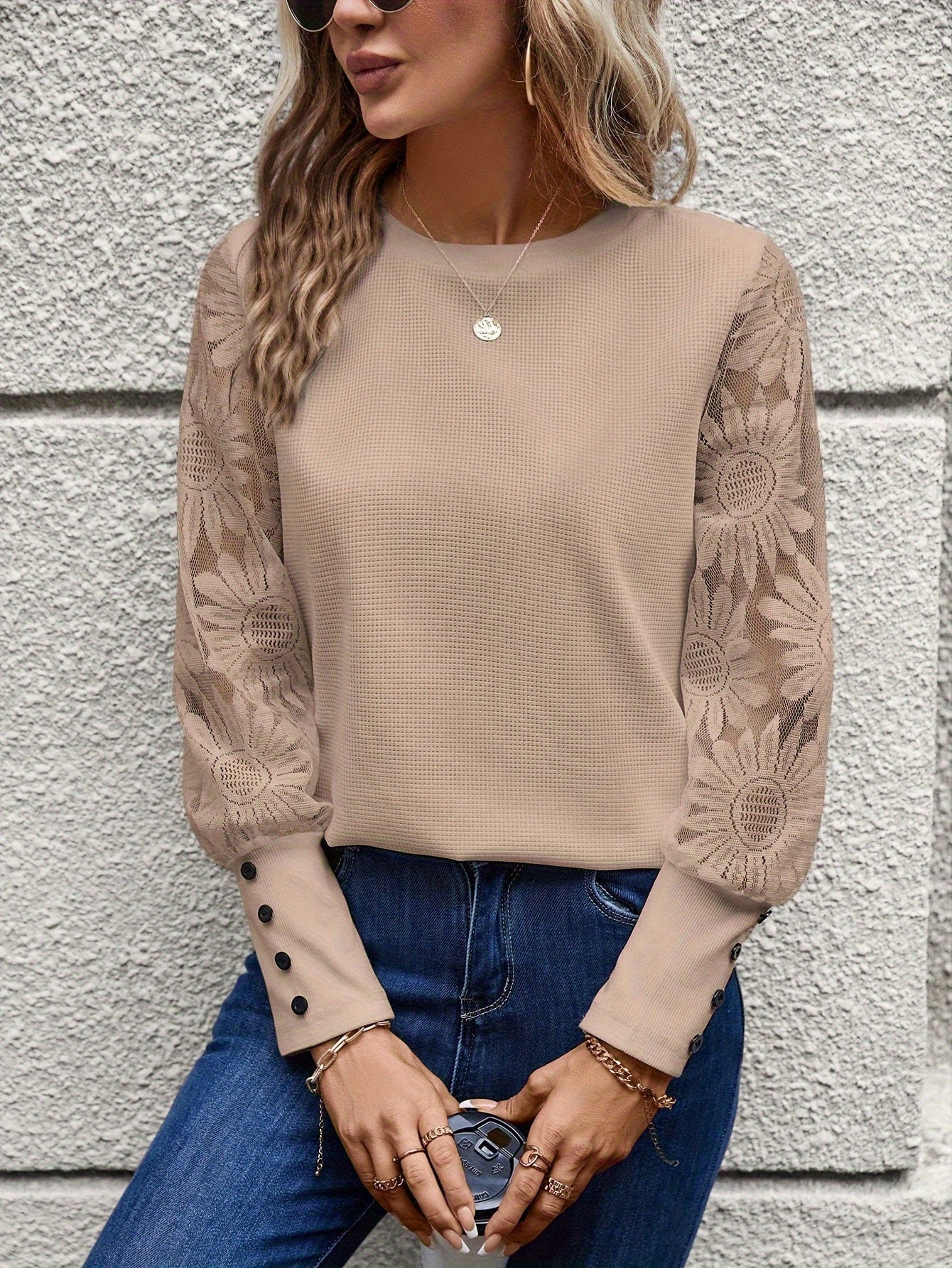 Floral Lace Waffle Knit Blouse