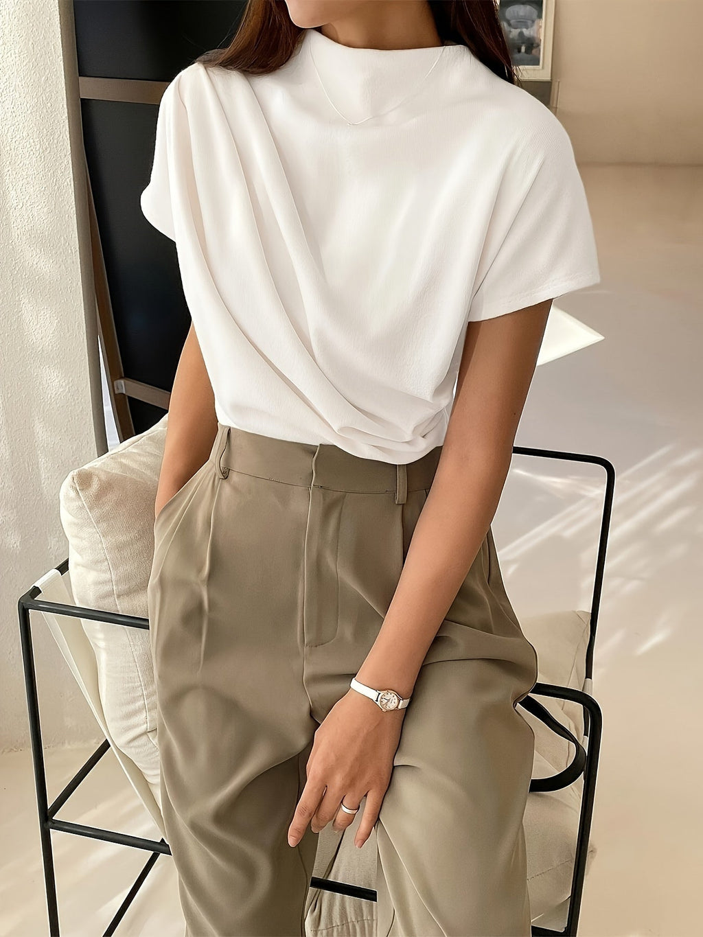 Short Sleeve Ruched Mock Neck Top