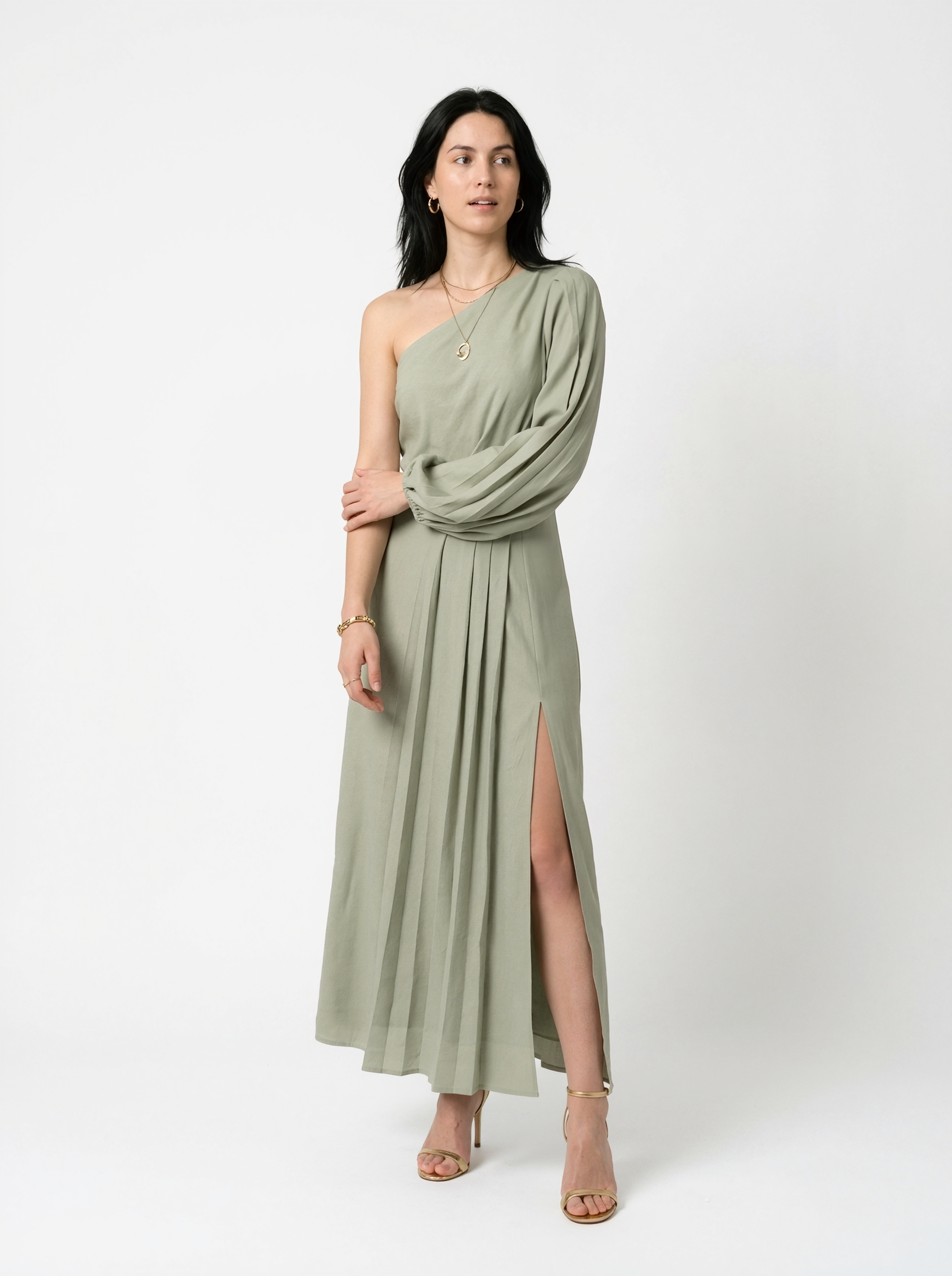One-Shoulder Pleated Maxi Dress