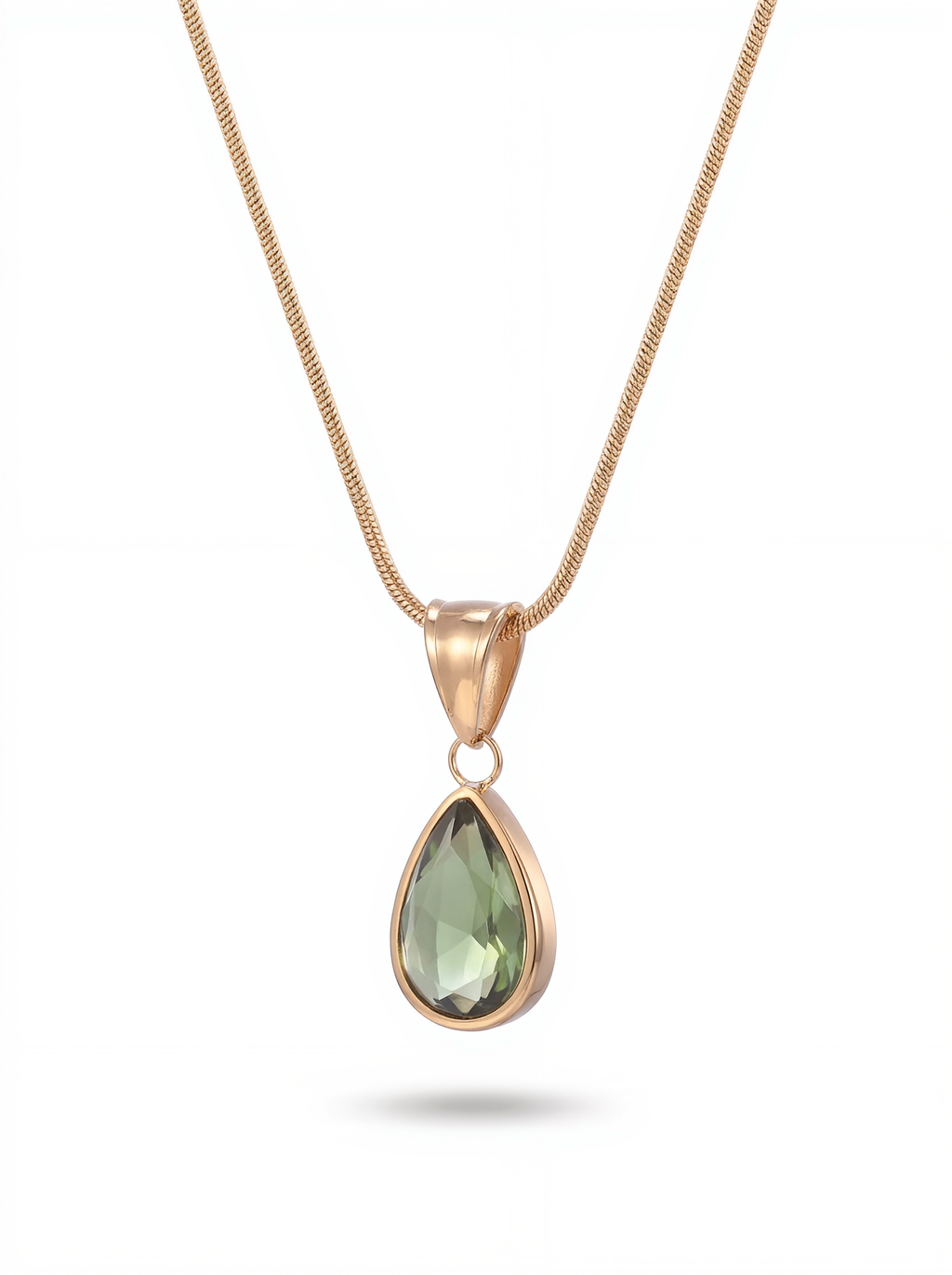 Olive Green Teardrop Gold-Tone Pendant Necklace