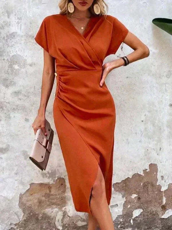 Casual Rust Wrap Midi Dress