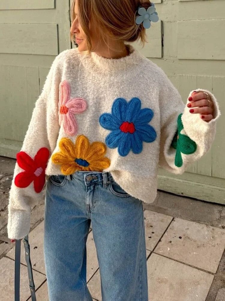Relaxed Fit Floral Knit Sweater