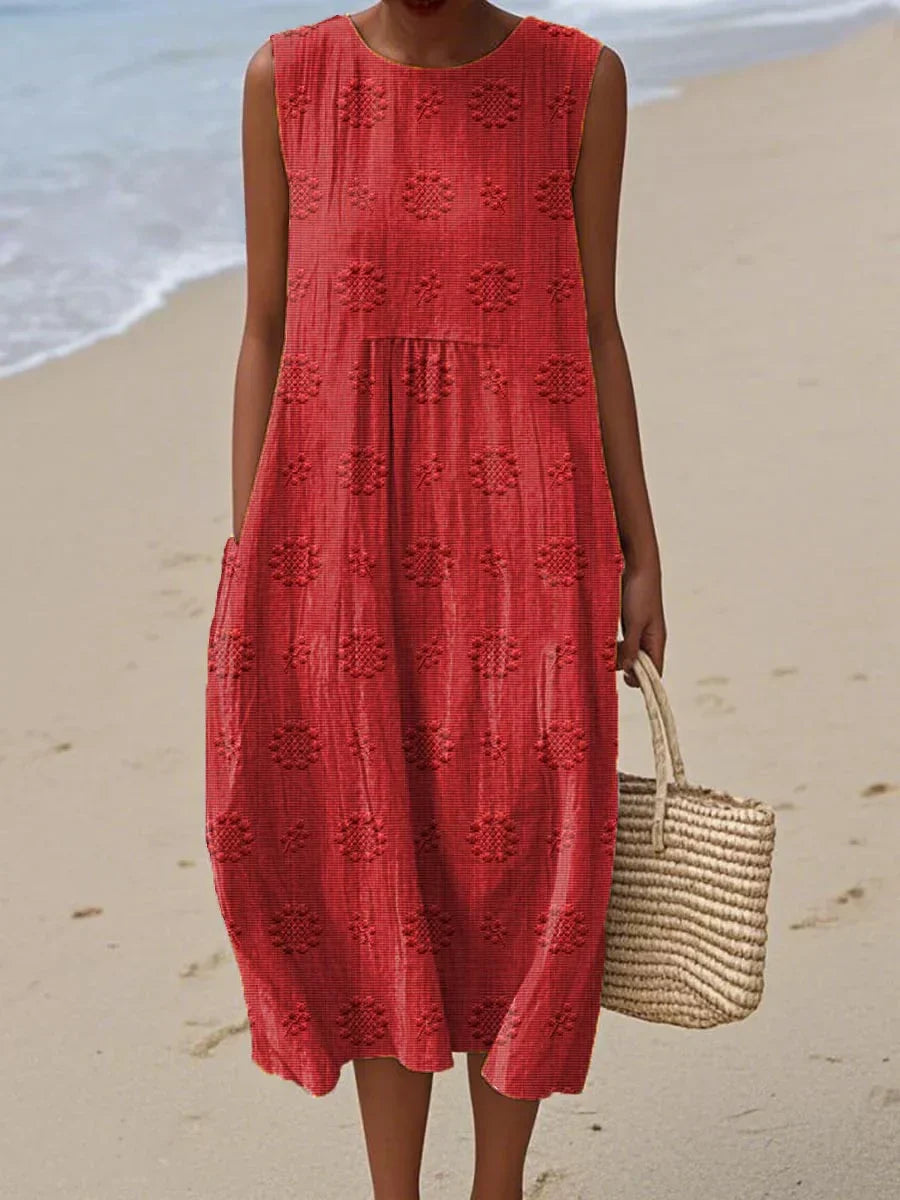 Relaxed Fit Textured Sleeveless Midi Dress