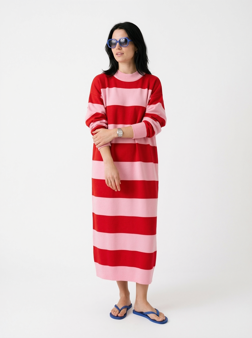 Striped Long Sleeve Knit Midi Dress