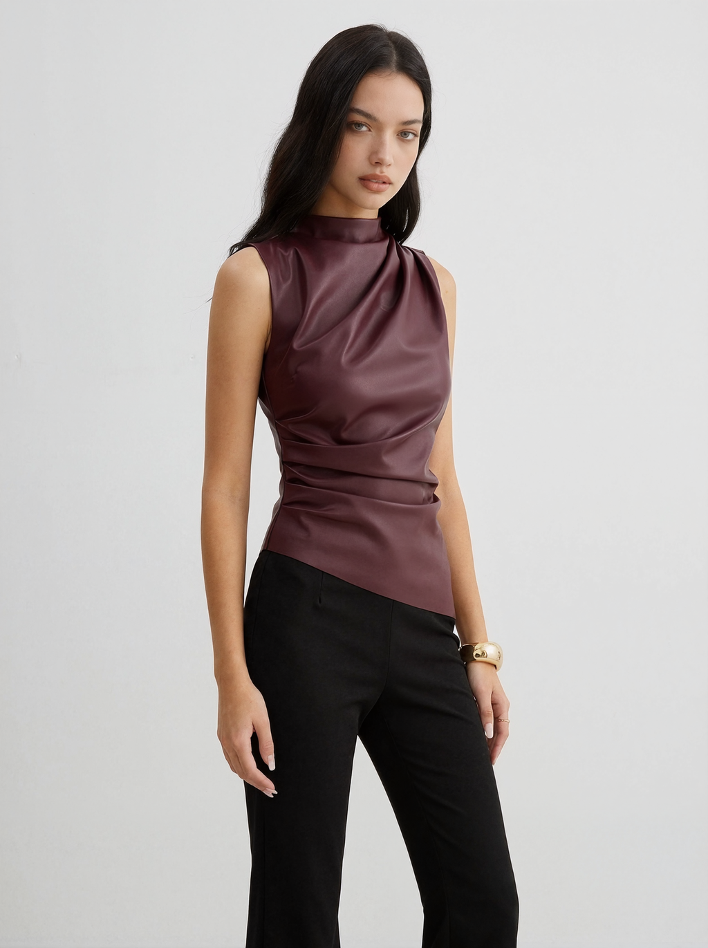 Draped Leather-Look Blouse