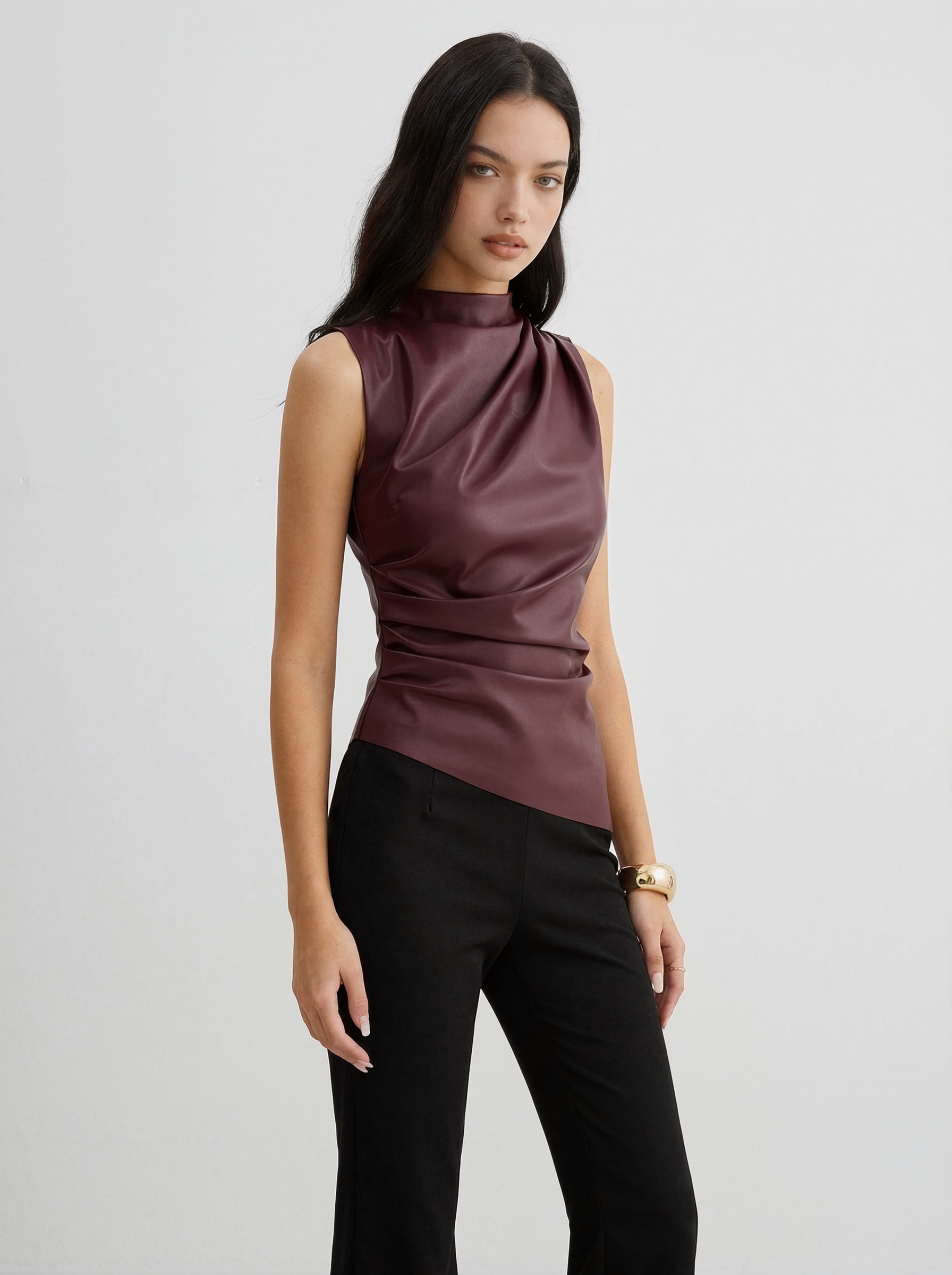 Draped Leather-Look Blouse