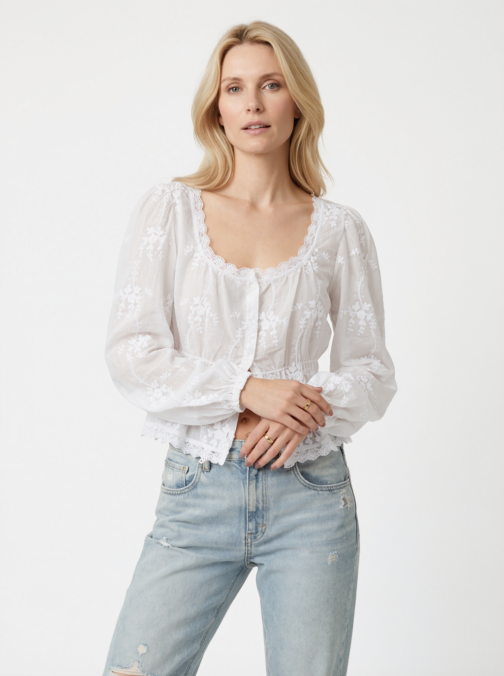 Embroidered Sheer Long Sleeve Blouse