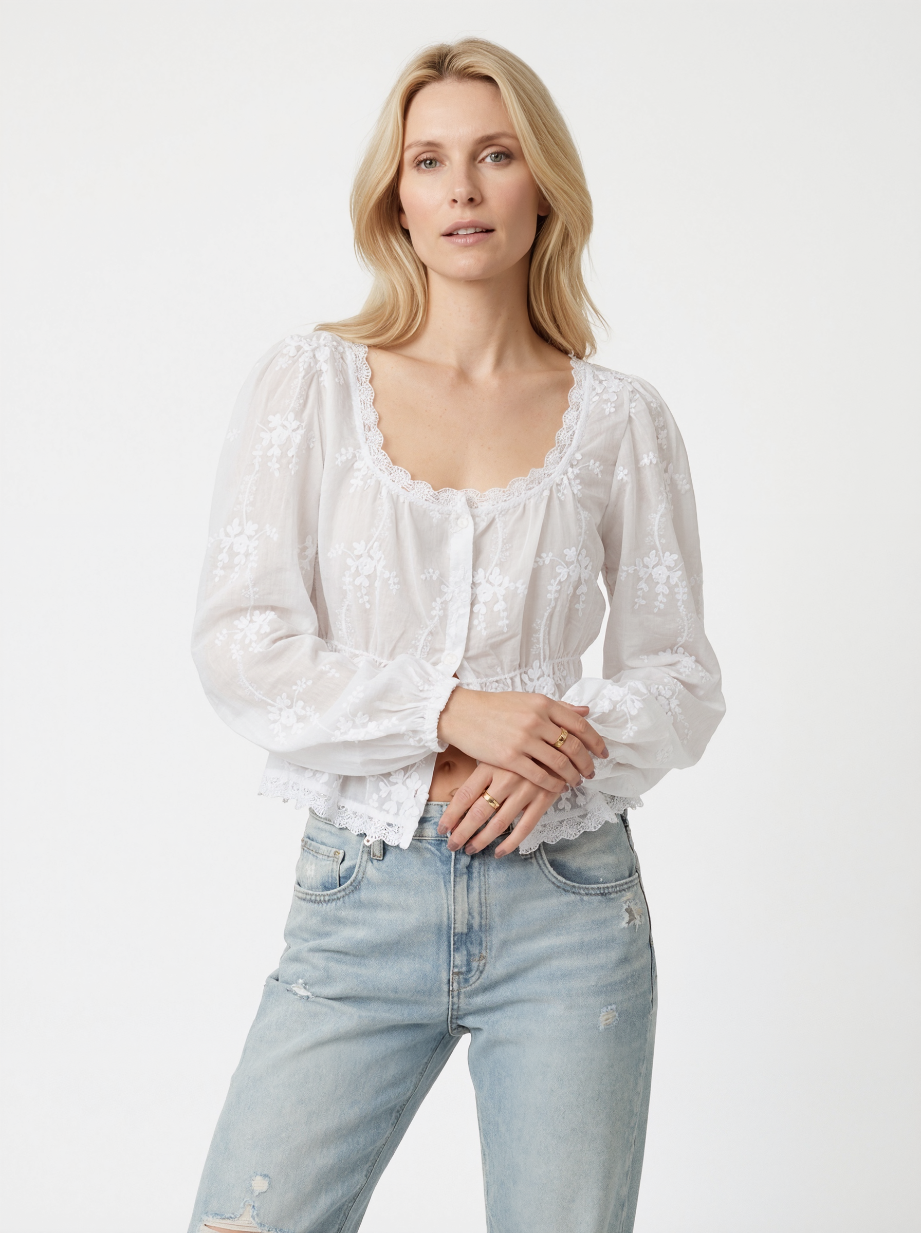 Embroidered Sheer Long Sleeve Blouse