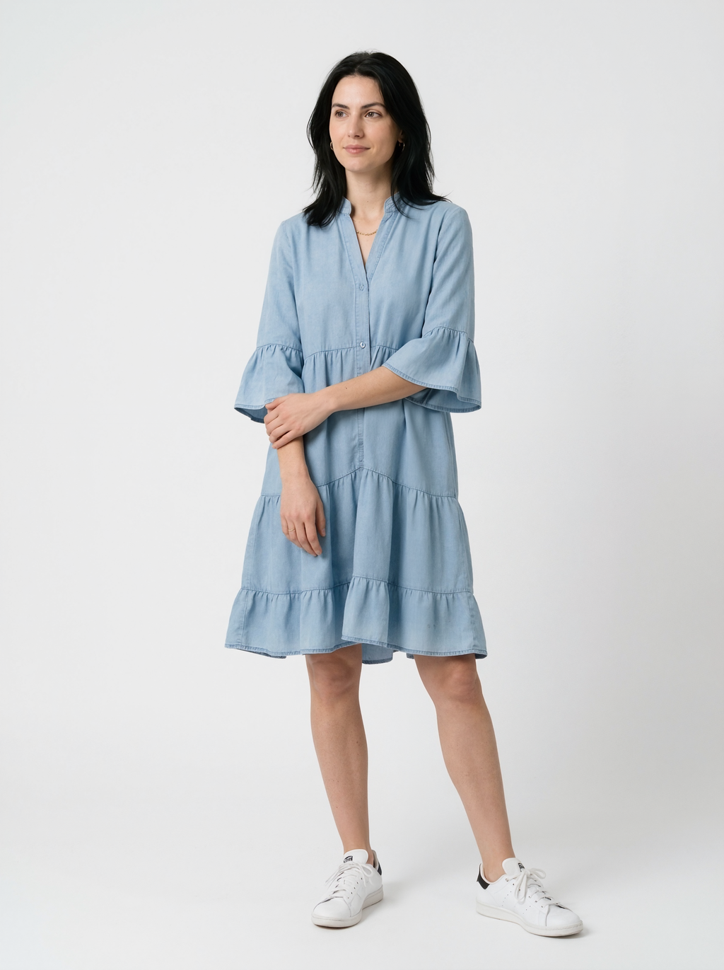 Denim Tiered Midi Dress