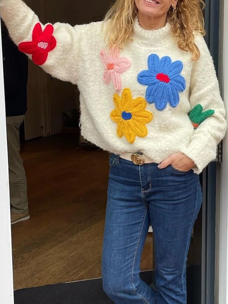 Relaxed Fit Floral Knit Sweater