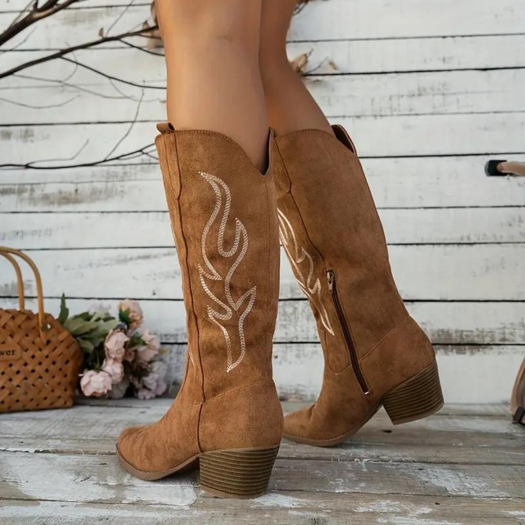 Embroidered Chunky Heel Cowboy Boots