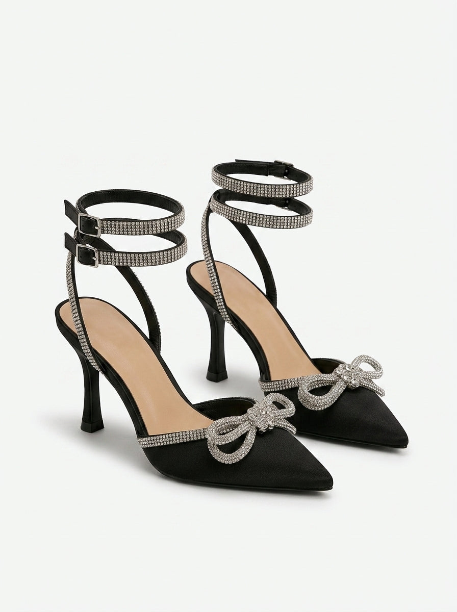 Rhinestone Bow Ankle Strap Pumps
