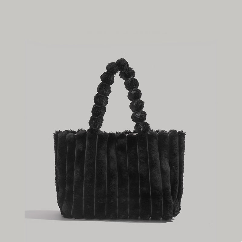 Faux Fur Pom Pom Shoulder Tote Bag