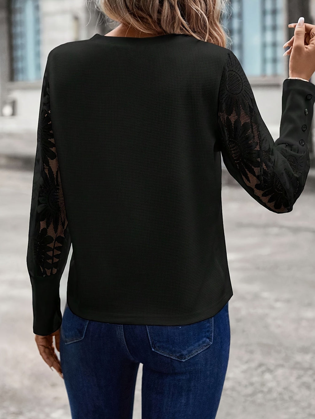 Floral Lace Waffle Knit Blouse